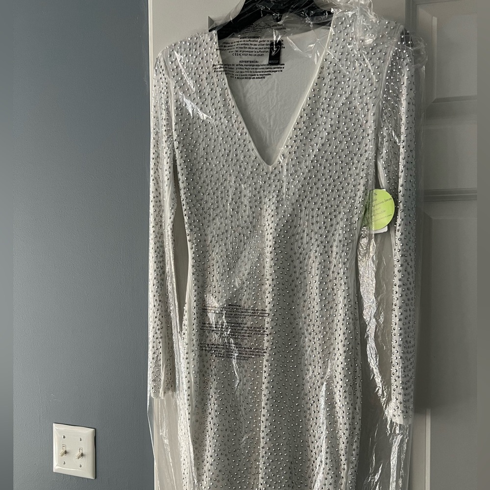 Windsor Silver Rhinestone Long Sleeve V-Neck Dress